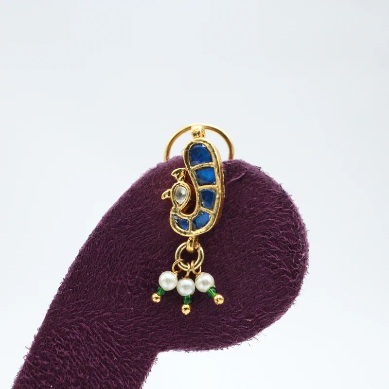 Premium Pachi Kundan Peacock Wired Nosepin - Blue